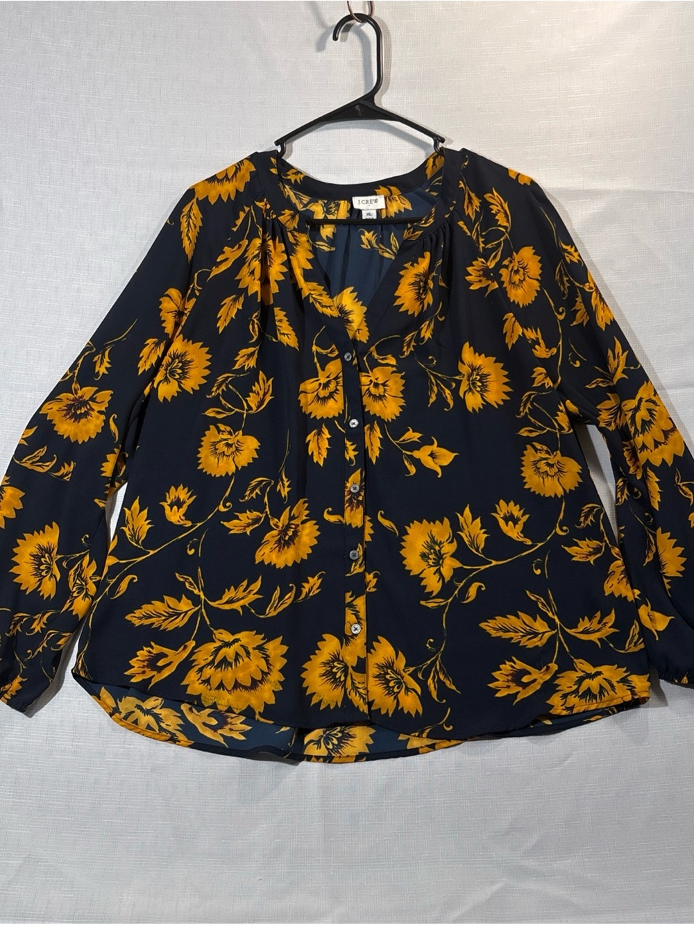 J. Crew Navy Button-Front Blouse with Mustard Floral Print